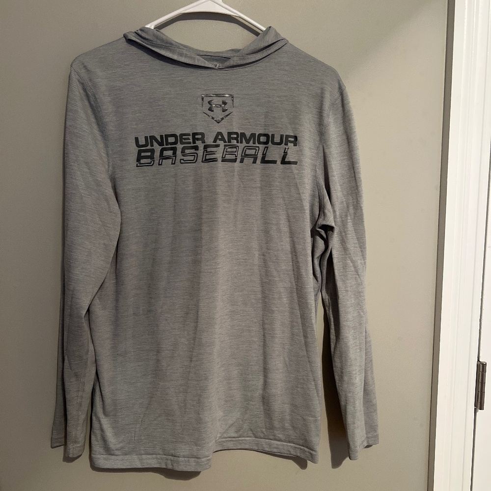 Men’s Under Armour HeatGear Baseball Hooded Long Sleeve Tee Size Small Gray EUC